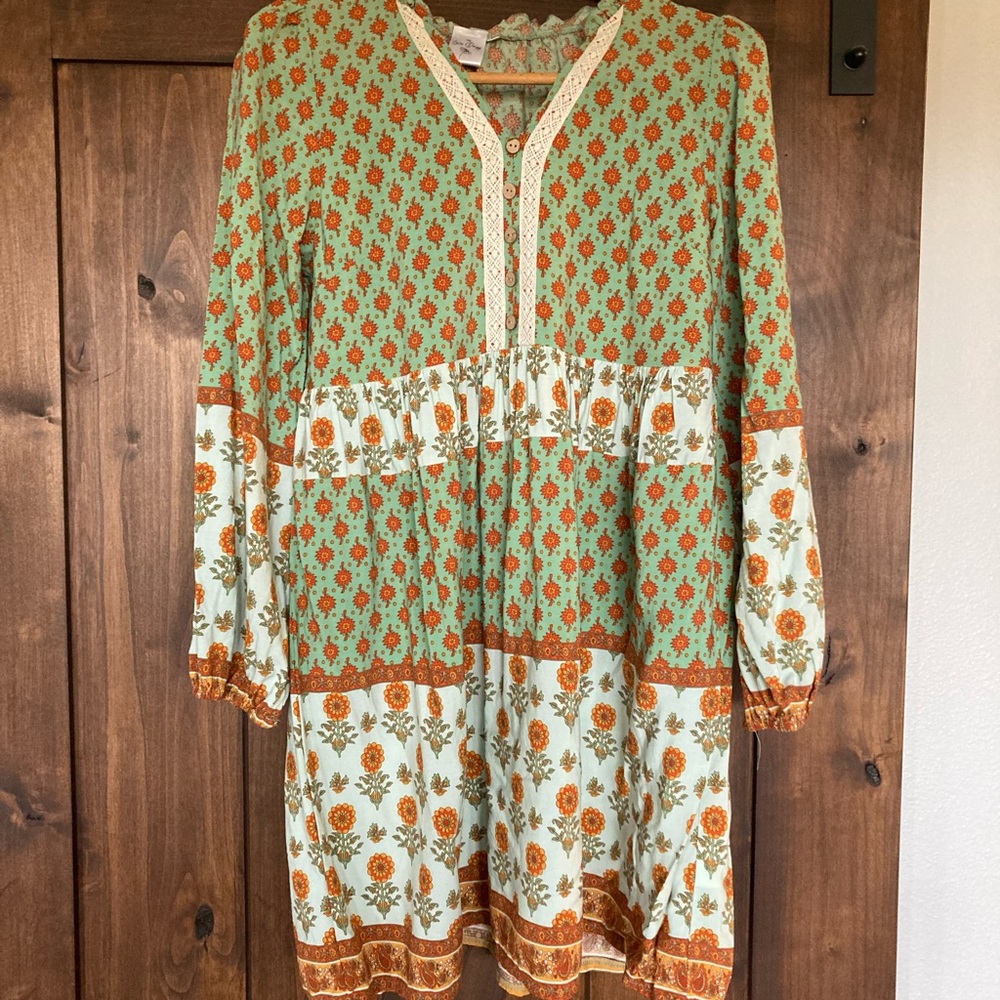 Floral Green and Orange Boho Dress